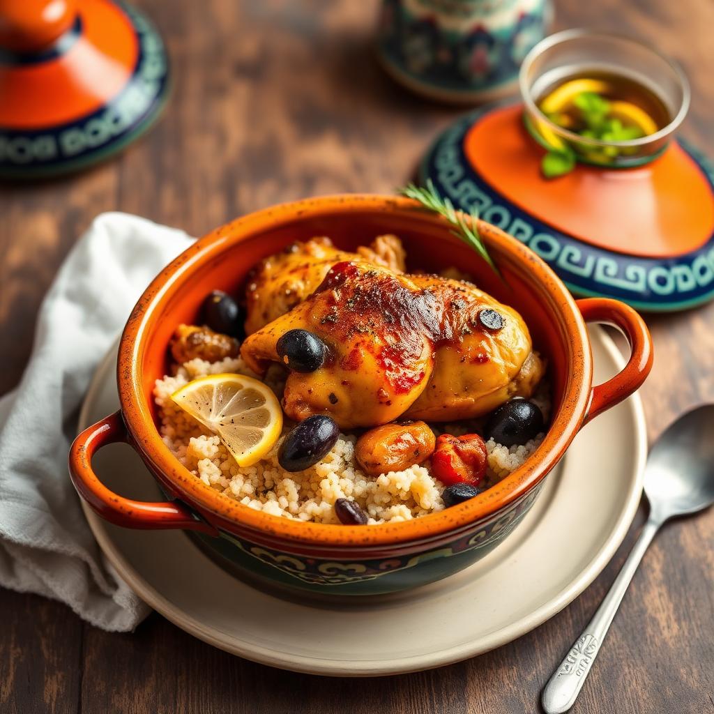 Tajín de pollo con aceitunas, limón y cuscús